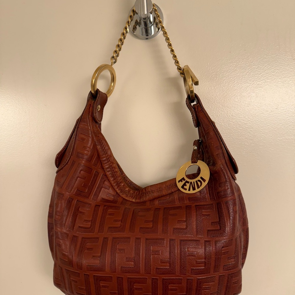 Fendi Embossed Brown Leather Shoulder Bag